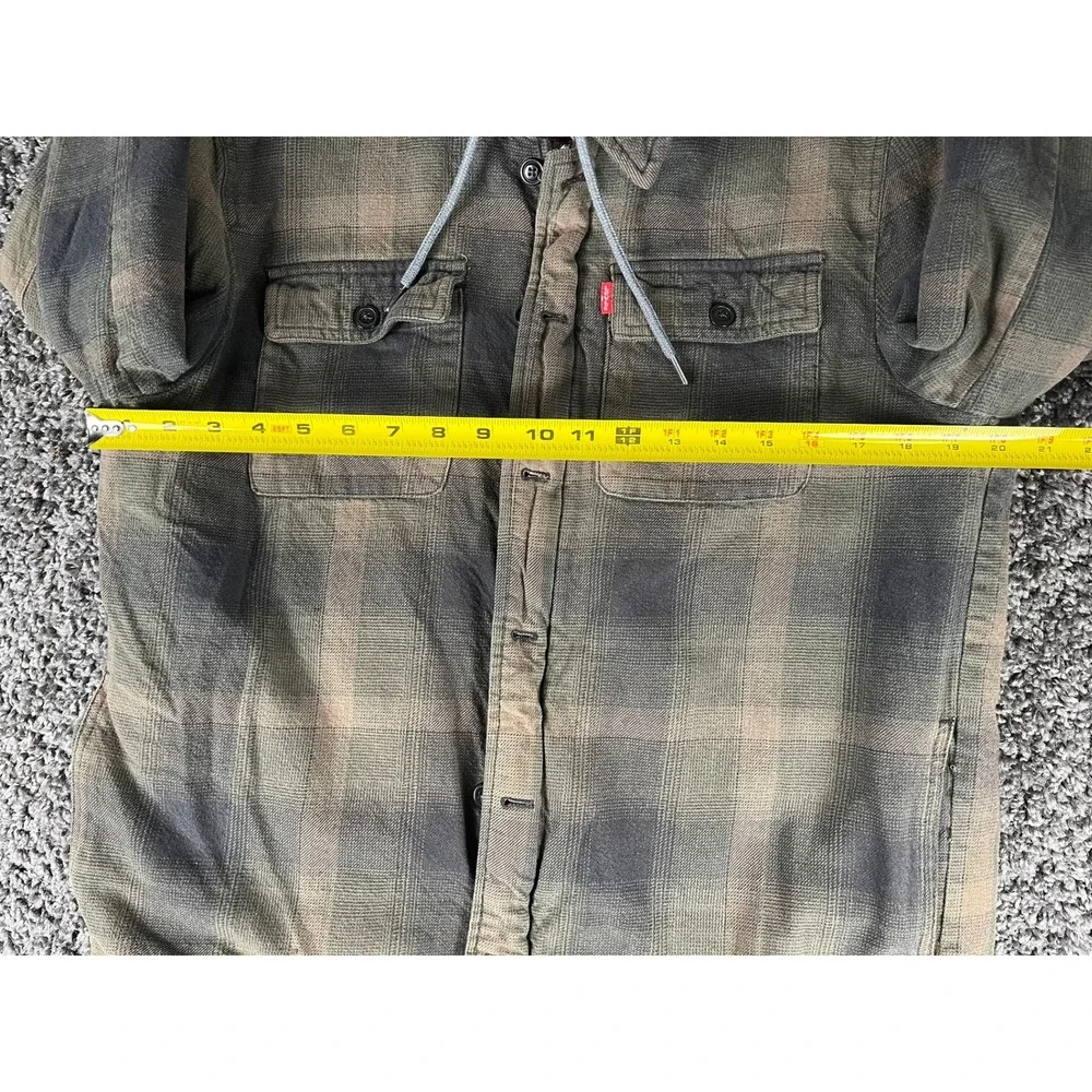 Levis Mens Plaid Hooded Flannel Sherpa Lined Shirt Jacket Brown Olive Size M - Picture 4 of 10